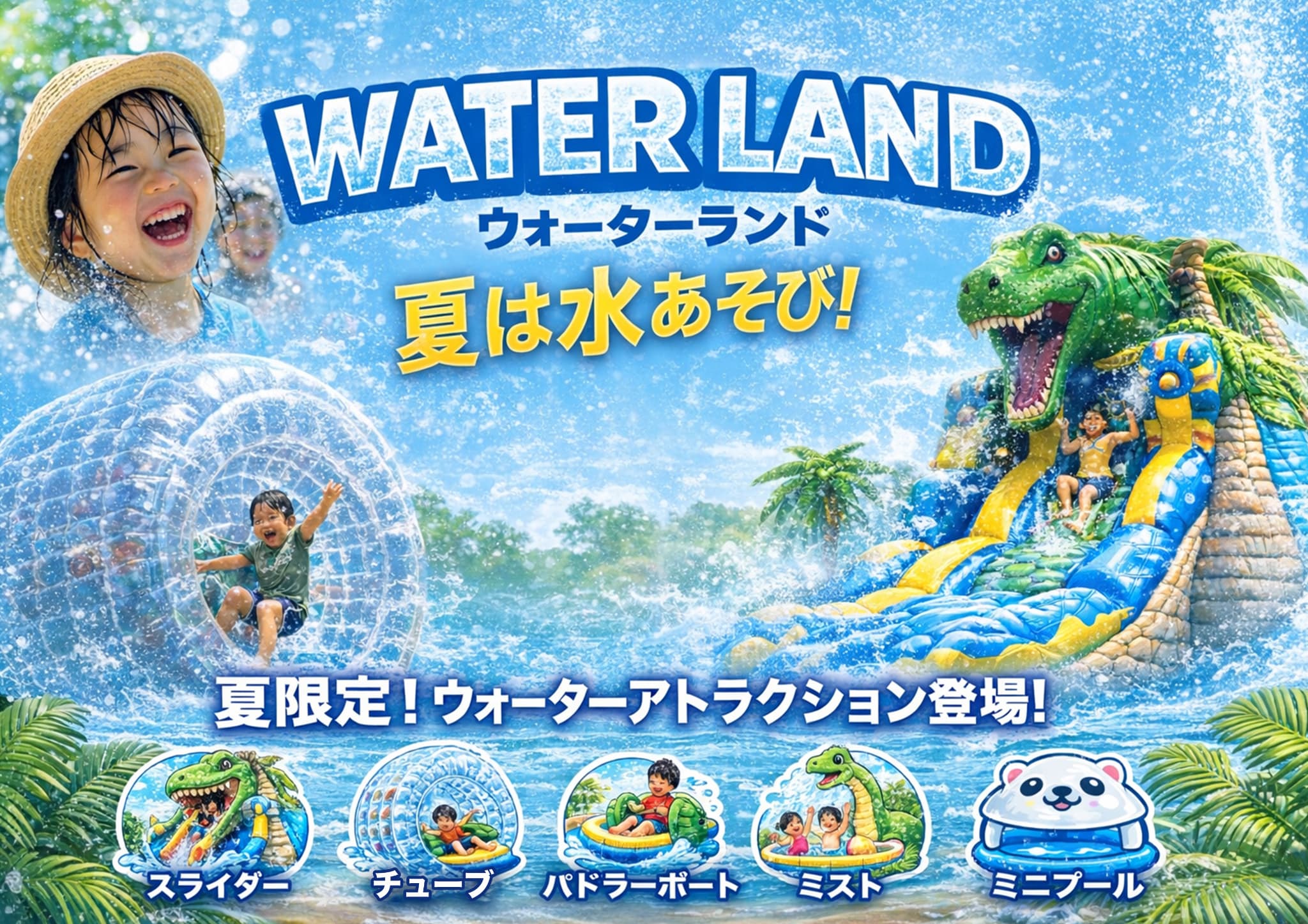 夏休み限定！7/25～8/23
夏はやっぱり水遊び！服を着たまま楽しめるチューブやボート♪水着で滑るスライダーもパワーアップ！